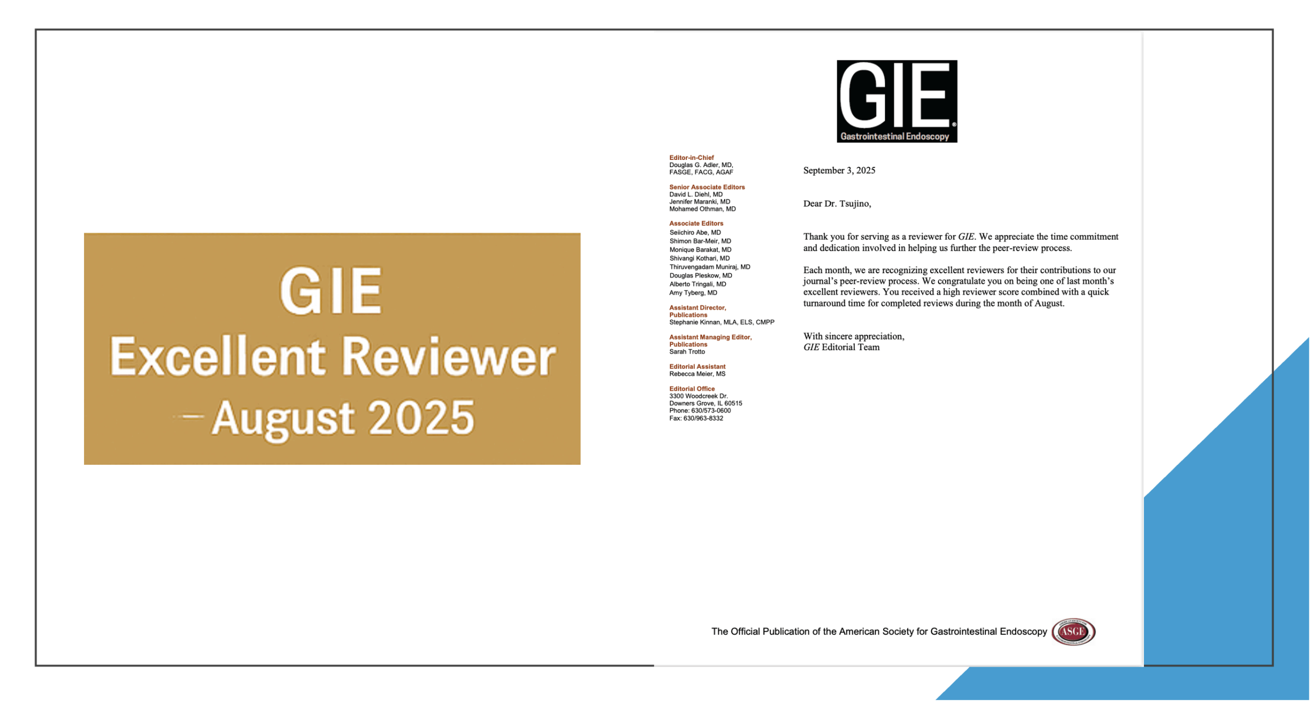 米国消化器内視鏡専門誌(GIE)から優秀査読者に選出されました！