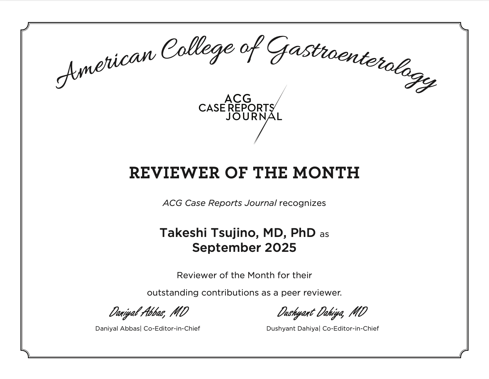 ACG Case Reports Journal 「Reviewer of the Month」に選出されました！